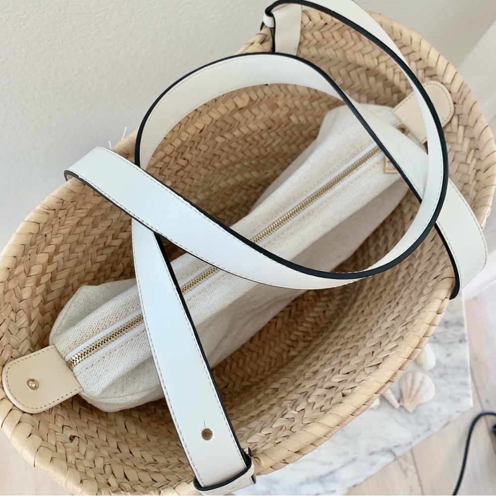 🏝️ POOLSIDE Essaouira Small White Real Leather Straw Basket Bag - Picture 7 of 16